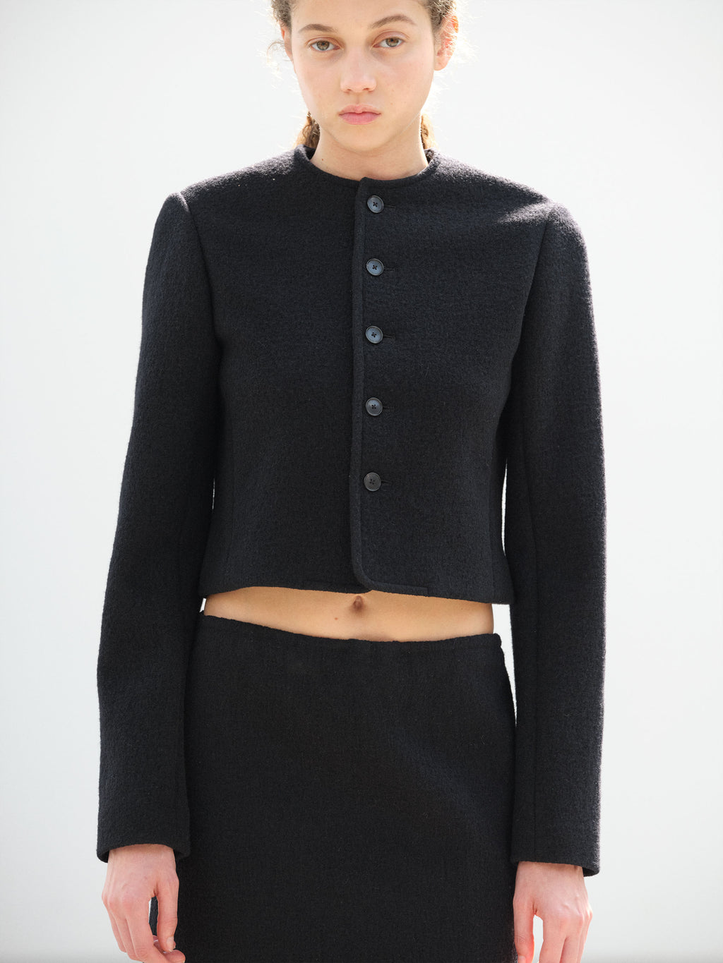 HEAVILY FULLED WOOL COTTON COLLARLESS JACKET