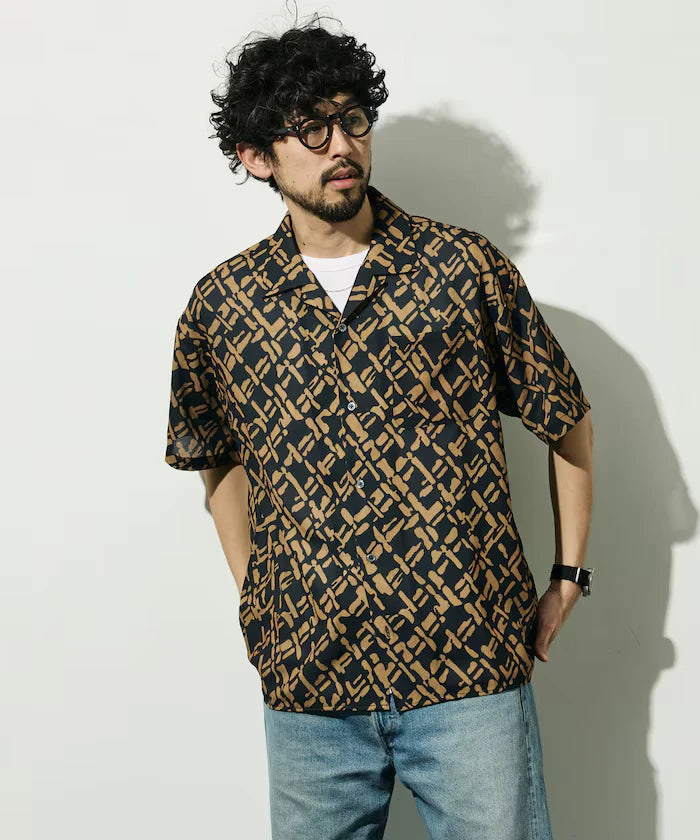 Mesh Open Collar Pattern Short Sleeve Shirt / Allover Design Open Collar Shirt / Big Silhouette