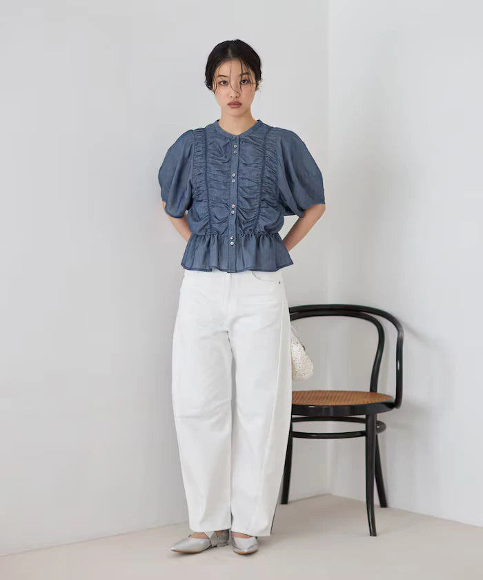 Sheer Shirring Volume Sleeve Blouse / 5 Short Sleeves