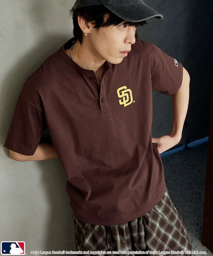 Limited Edition MLB Logo Print Henley Neck Oversized T-Shirt