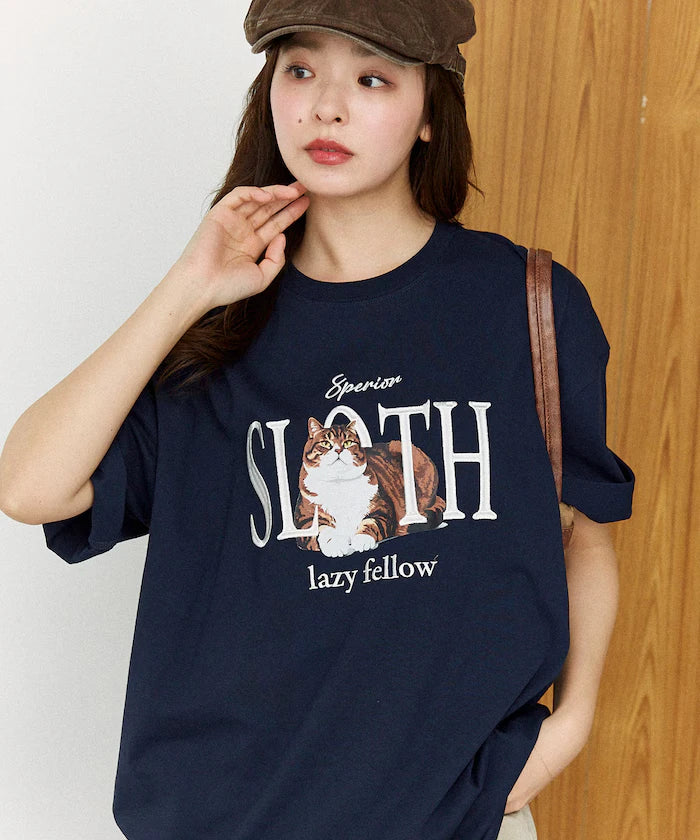 <Functional Material> SLOTH Embroidered Cat T-Shirt Limited Edition