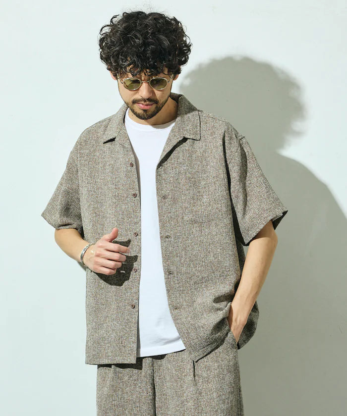 Dry Touch Summer Tweed Short Sleeve Open Collar Shirt