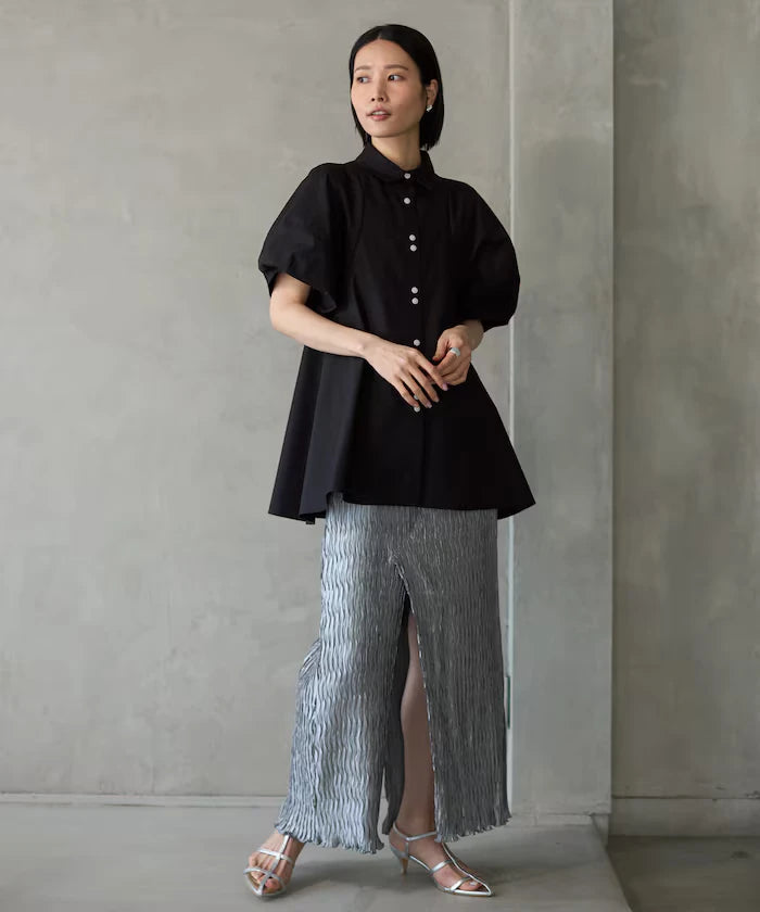 Switching Design Balloon Sleeve Shirt / 5-Minute Sleeve Blouse
