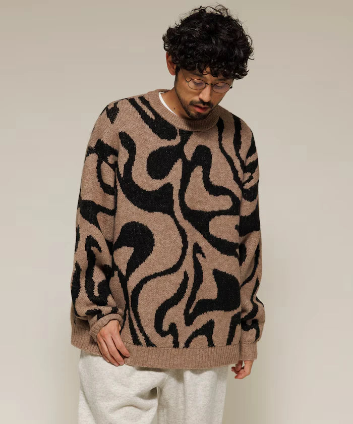 All-over Pattern Double Jacquard Knit Crew Neck Pullover / Relaxed Fit