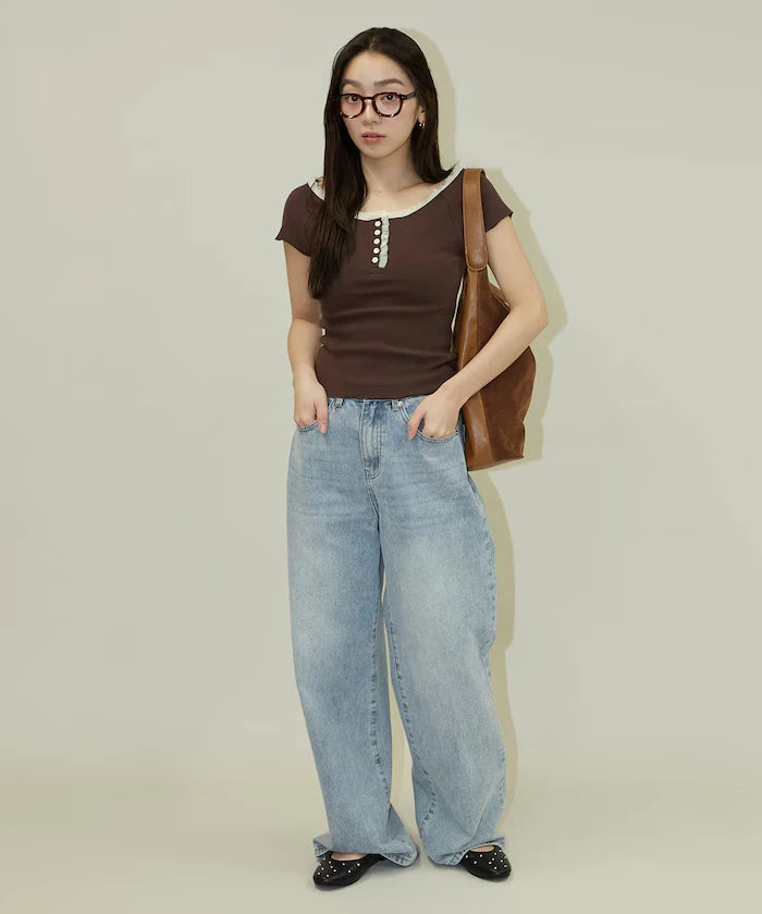 Collar Lace Contrast Henry Rib T-Shirt