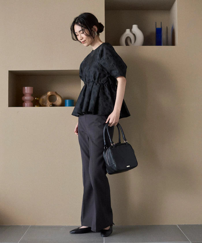 Flower Sheer Jacquard Volume Sleeve Peplum Blouse / 5 Minutes Sleeve