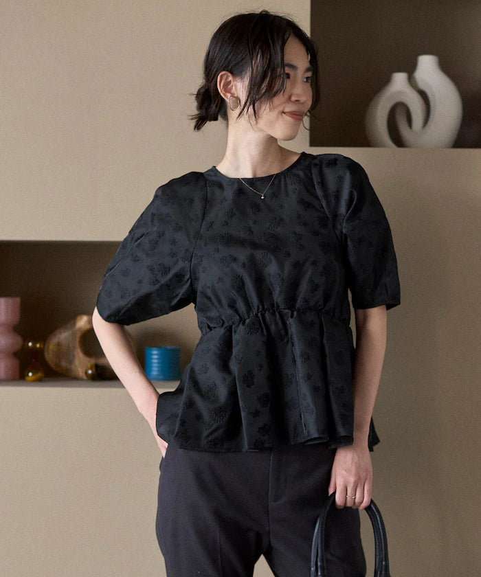 Flower Sheer Jacquard Volume Sleeve Peplum Blouse / 5 Minutes Sleeve
