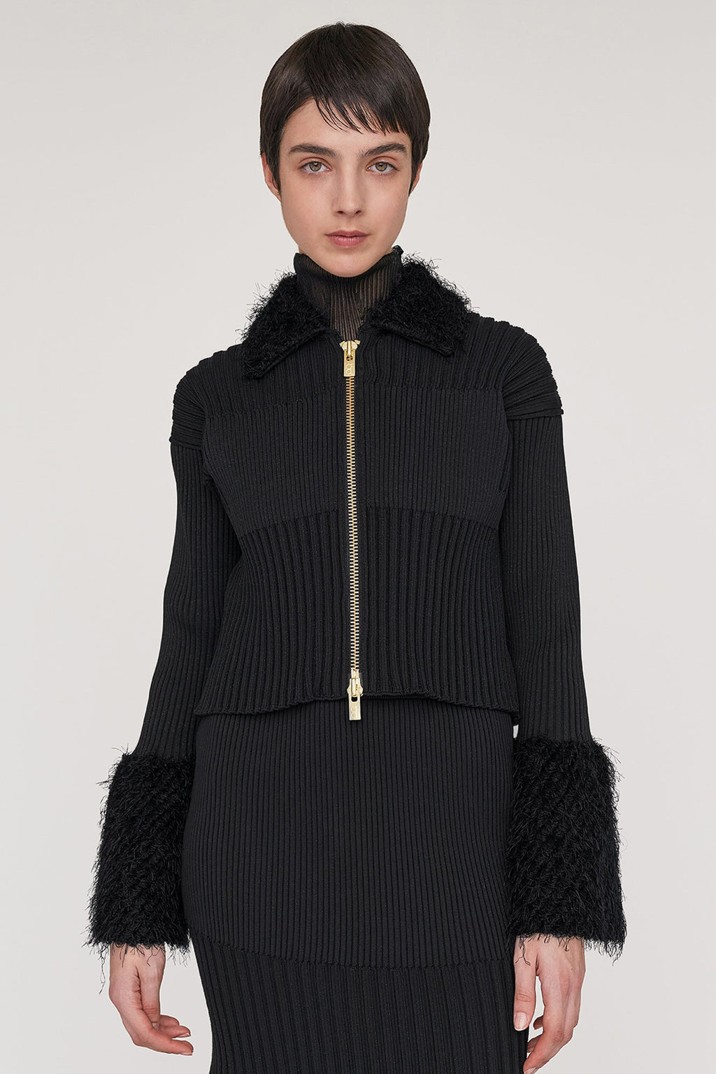 FLUTED PILE GLITTER CROPPED ZIP SHIRT CARDIGAN