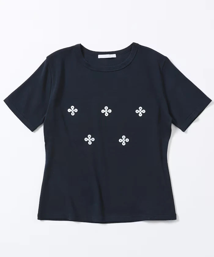 Shell Button Flower Motif Cotton Modal T-Shirt