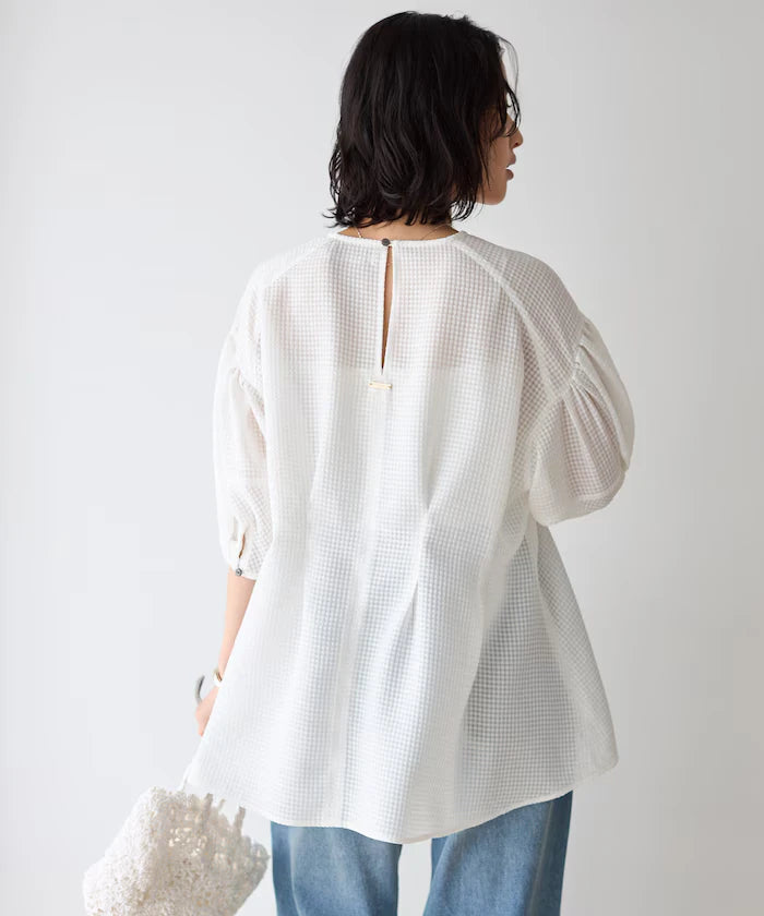 Sheer Check Balloon Sleeve Blouse