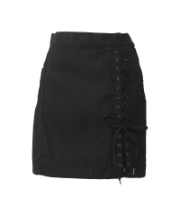 APPLE PANDA Embroidered Side Lace-Up Denim Mini Skirt