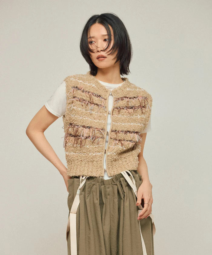 Mixed Material Fringe Knit Vest / Striped Knit Gilet