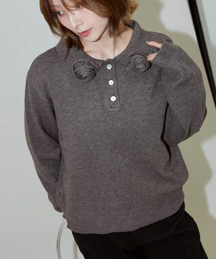 Polo knit pullover with flower motif - limited edition