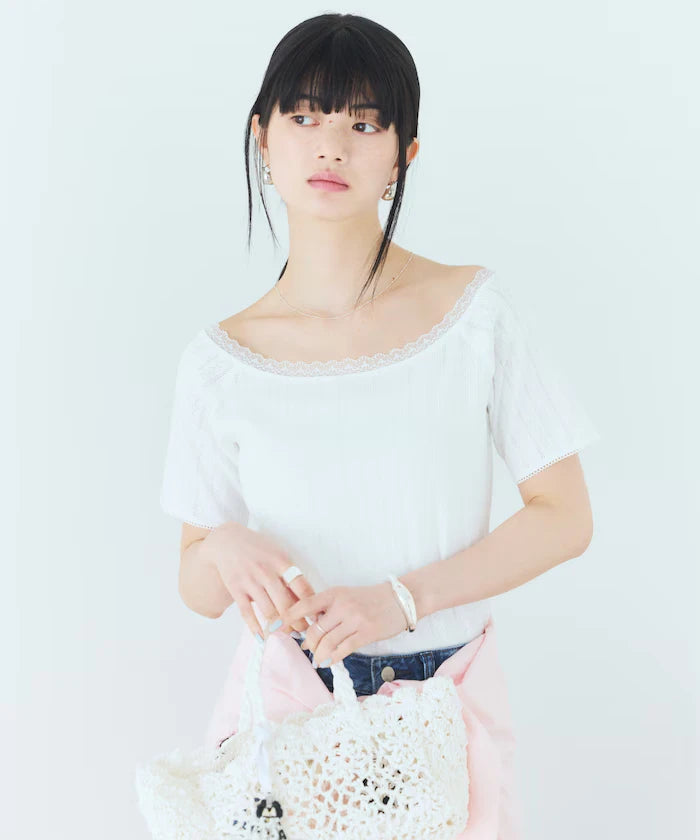 Boat Neck Pullover Knit Lace T-Shirt