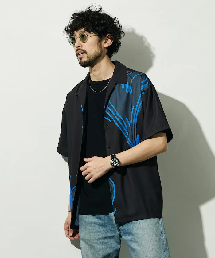Open Collar Big Pattern Short Sleeve Shirt / Big Silhouette
