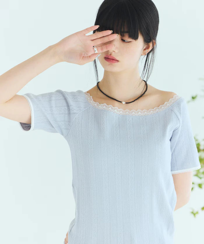 Boat Neck Pullover Knit Lace T-Shirt
