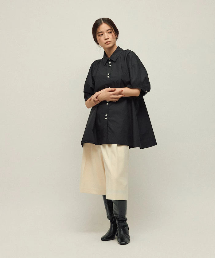 Switching Design Balloon Sleeve Shirt / 5-Minute Sleeve Blouse