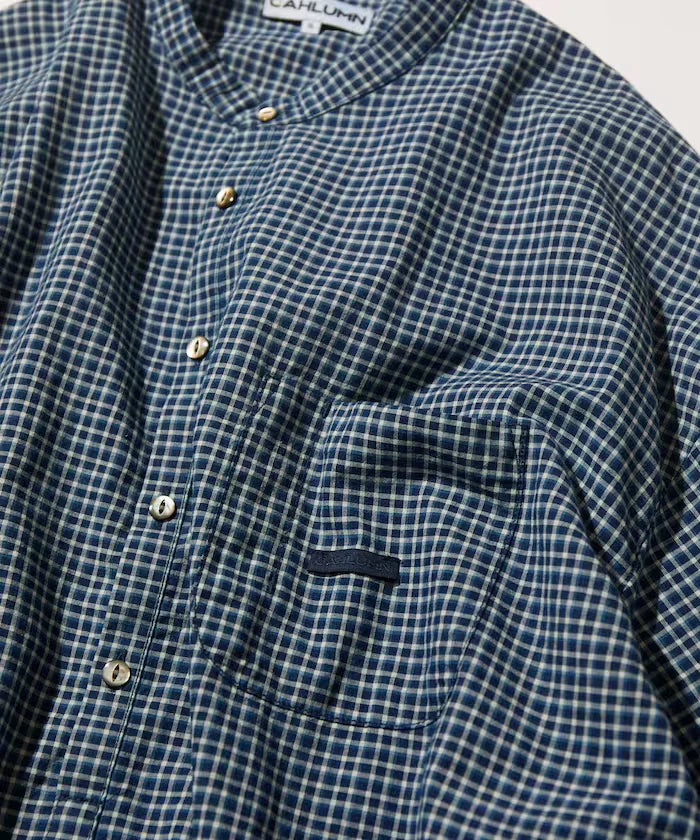 Indigo Madras Check Pullover Stand Collar Shirt