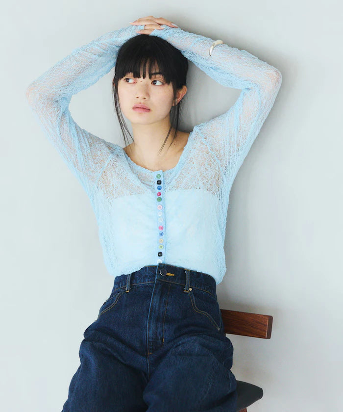 Many Button Lace Shirring Cardigan