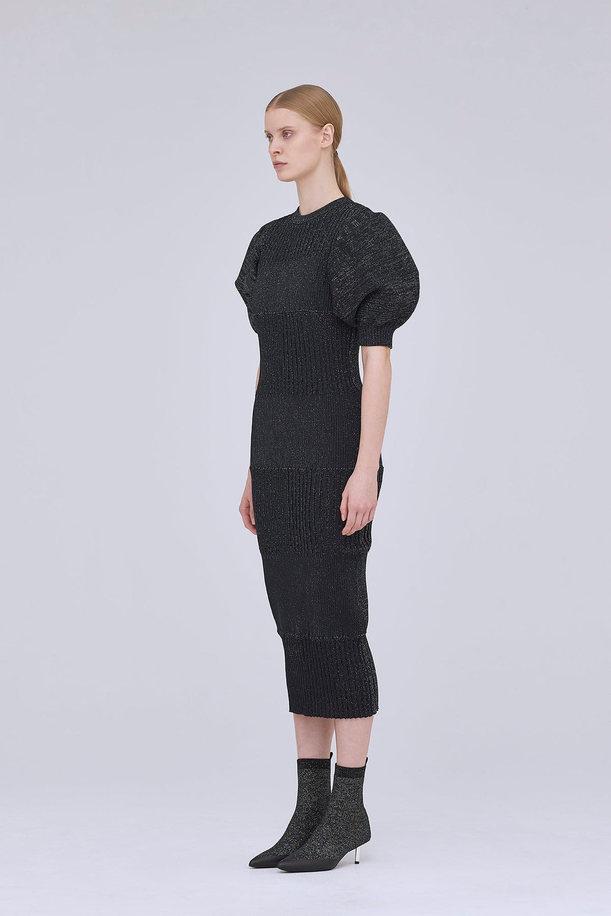 FLUTED GLITTER SHORT PUFF SLEEVE DRESS