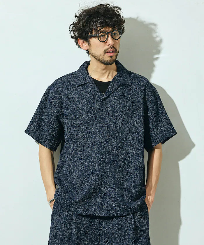 Dry Touch Summer Tweed Short Sleeve Open Collar Shirt