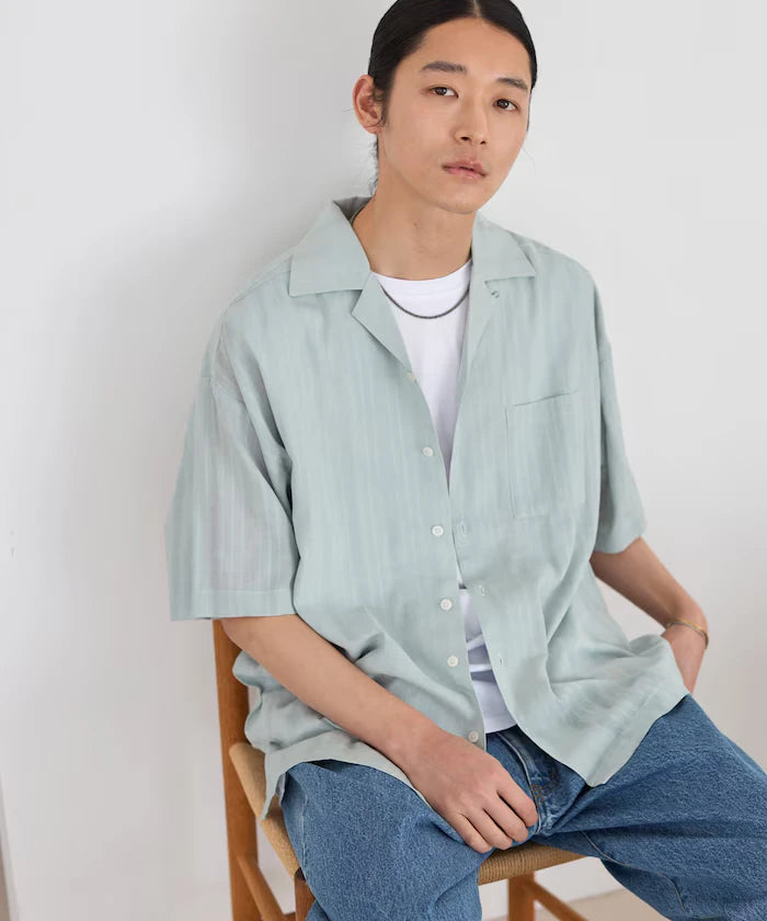 Jacquard Relaxed Fit Open Collar Short Sleeve Shirt Semi-Sheer Dobby Weave
