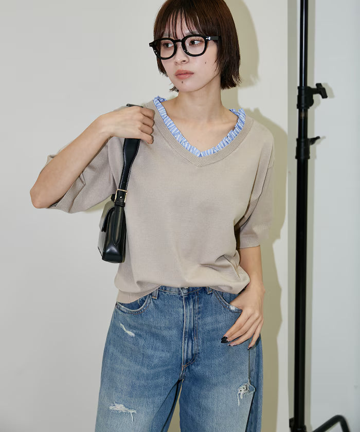 Shirt Frill V-Neck Half Sleeve Summer Knit Limited Edition