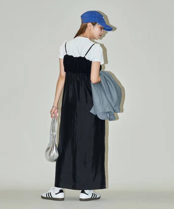 Mixed Material Shirring Satin Dress Limited Release
