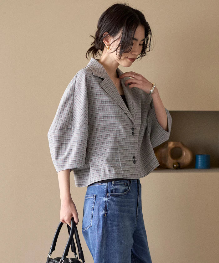 Collar Check Balloon Sleeve Shirt / Compatible with Setup