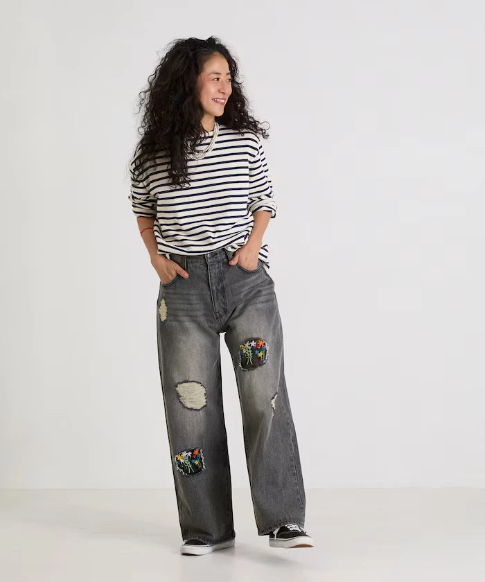 Flower Embroidery Wide Denim