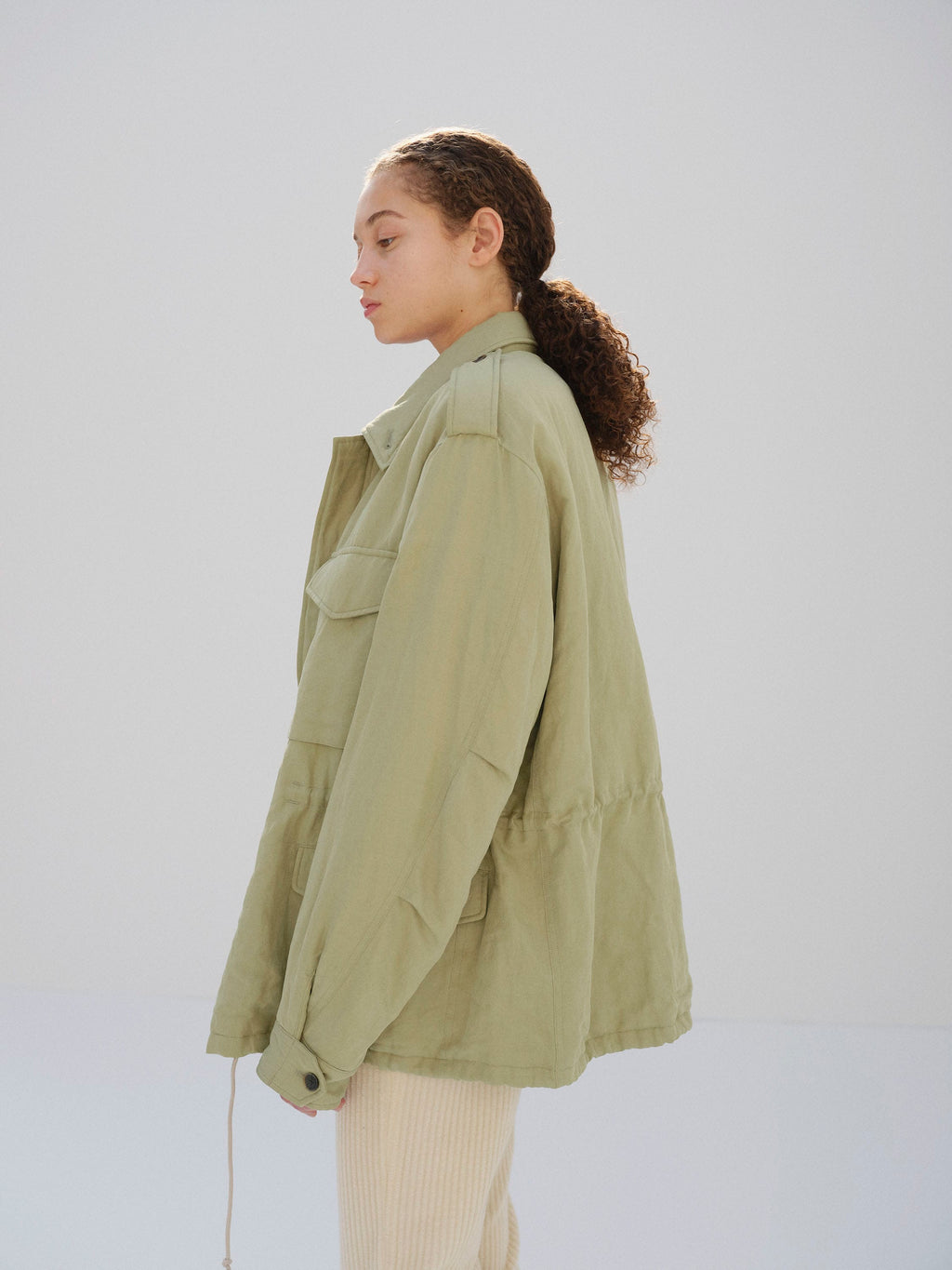 BRUSHED SILK LINEN SATIN PADDED MILITARY BLOUSON