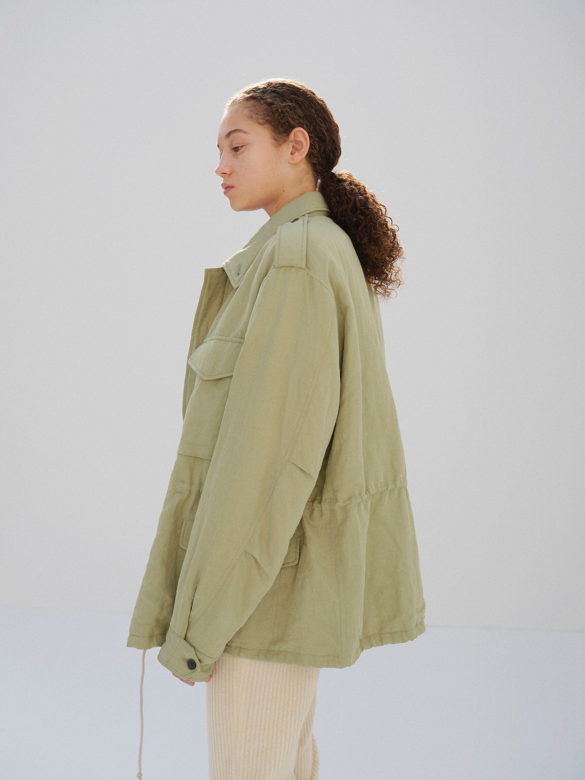 BRUSHED SILK LINEN SATIN PADDED MILITARY BLOUSON