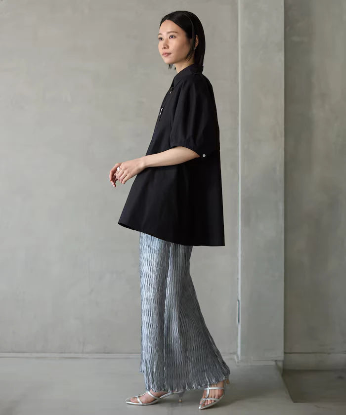 Switching Design Balloon Sleeve Shirt / 5-Minute Sleeve Blouse