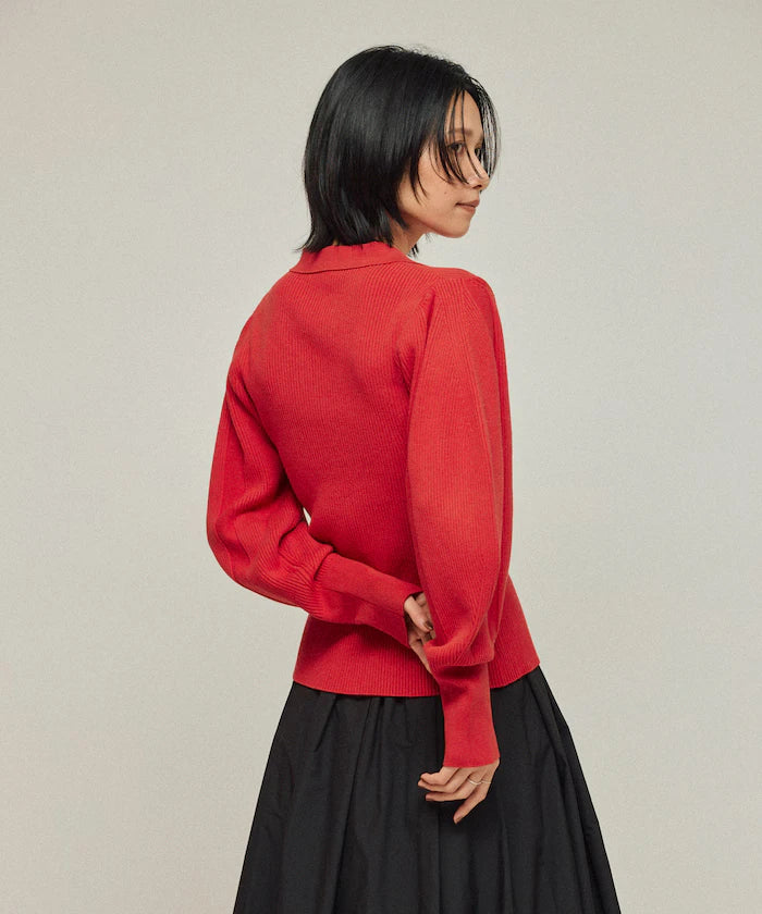 Functional material silk blend knit polo volume sleeve knit cardigan / anti-pill / machine washable