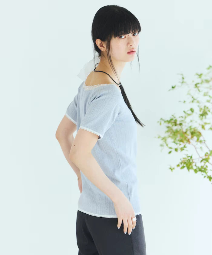Boat Neck Pullover Knit Lace T-Shirt