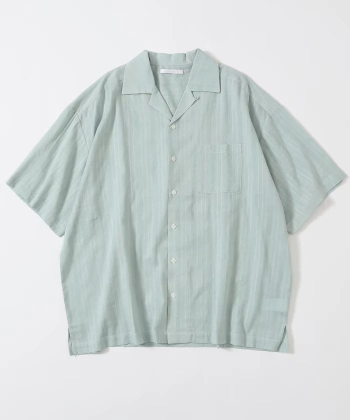 Jacquard Relaxed Fit Open Collar Short Sleeve Shirt Semi-Sheer Dobby Weave