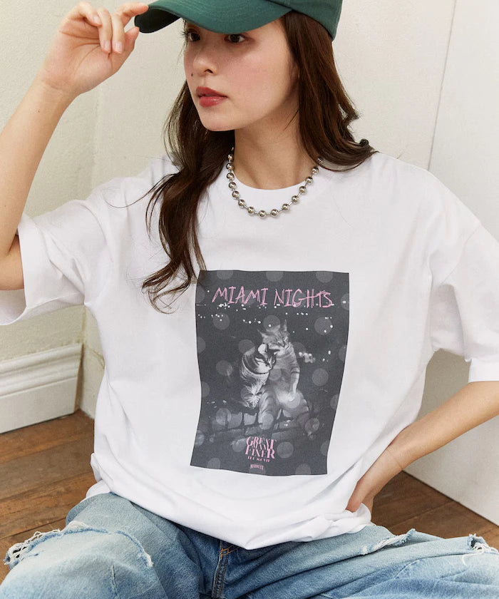 <Functional Material> MIAMI NIGHTS Cat Photo T-shirt Limited Edition
