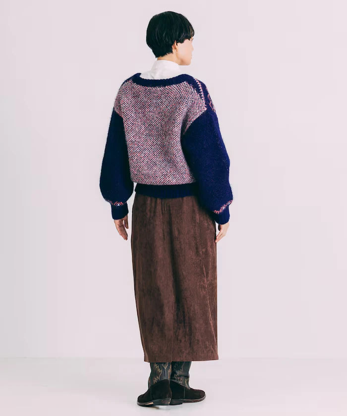 V-neck color block Nordic pattern knit