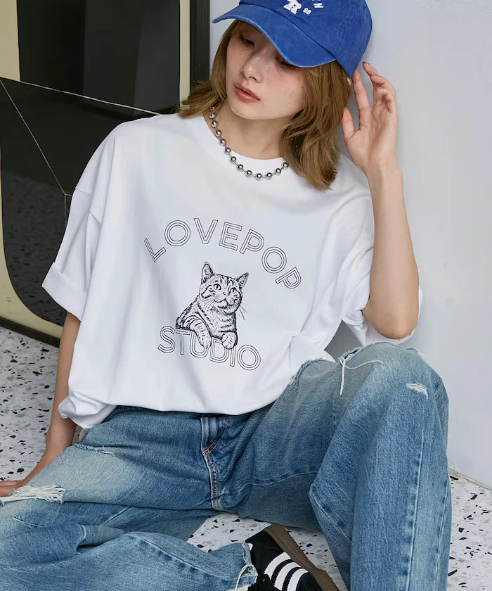 Functional Material Cat Print T-shirt Limited Edition