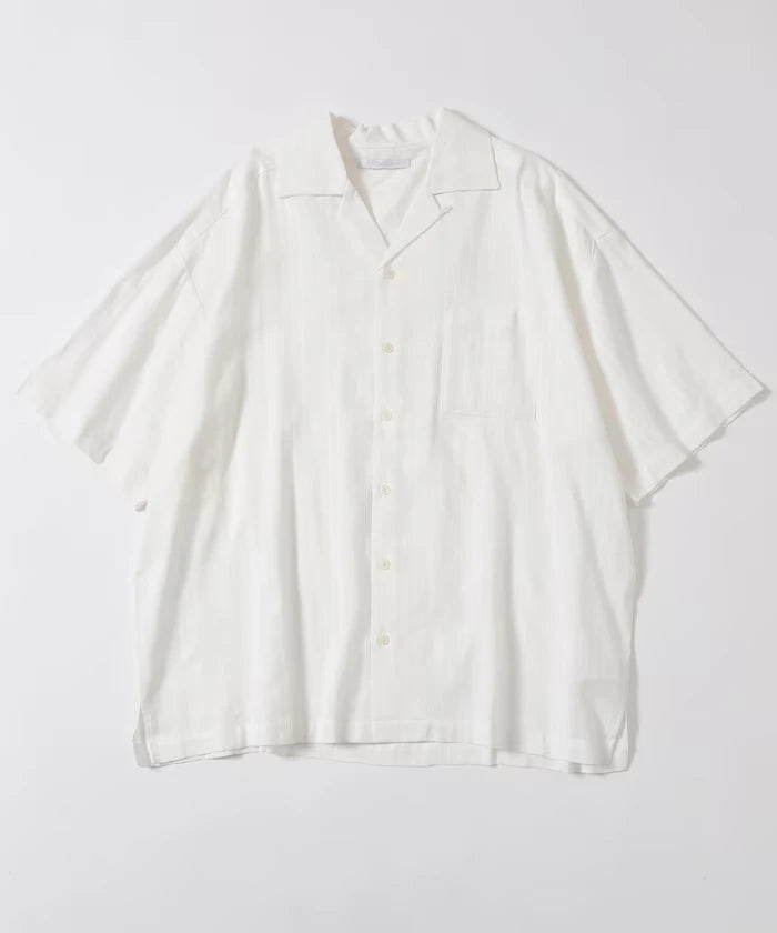 Jacquard Relaxed Fit Open Collar Short Sleeve Shirt Semi-Sheer Dobby Weave