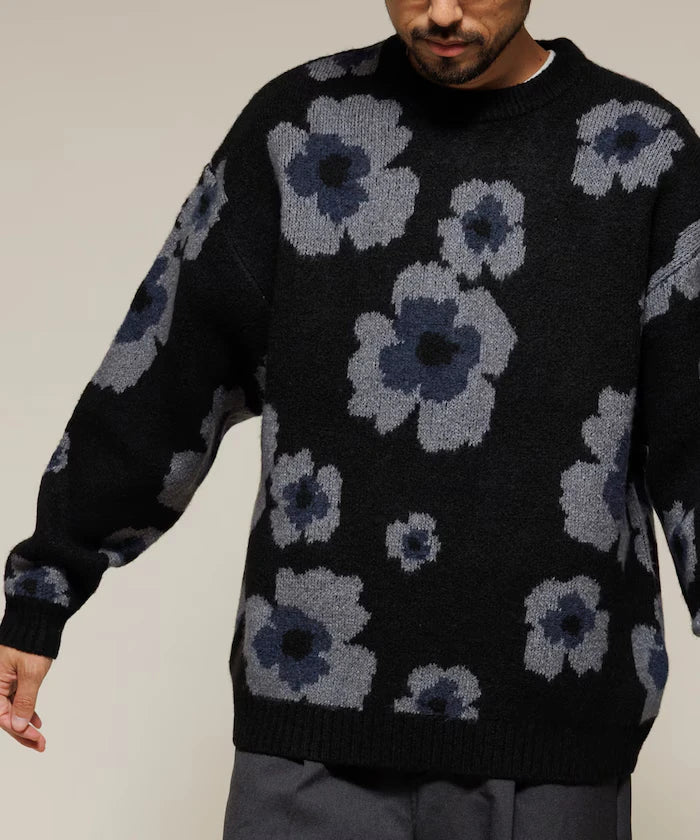 All-over Pattern Double Jacquard Knit Crew Neck Pullover / Relaxed Fit