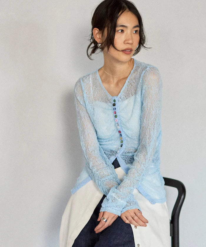 Many Button Lace Shirring Cardigan