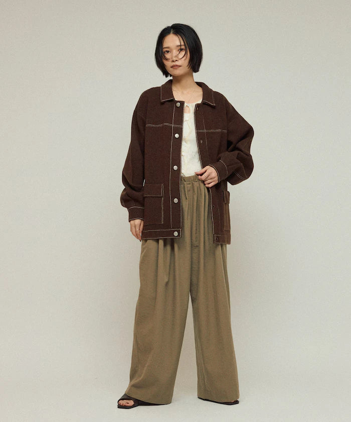 Oversized Wool Blend Knit Coverall / Color Stitch Knit Jacket