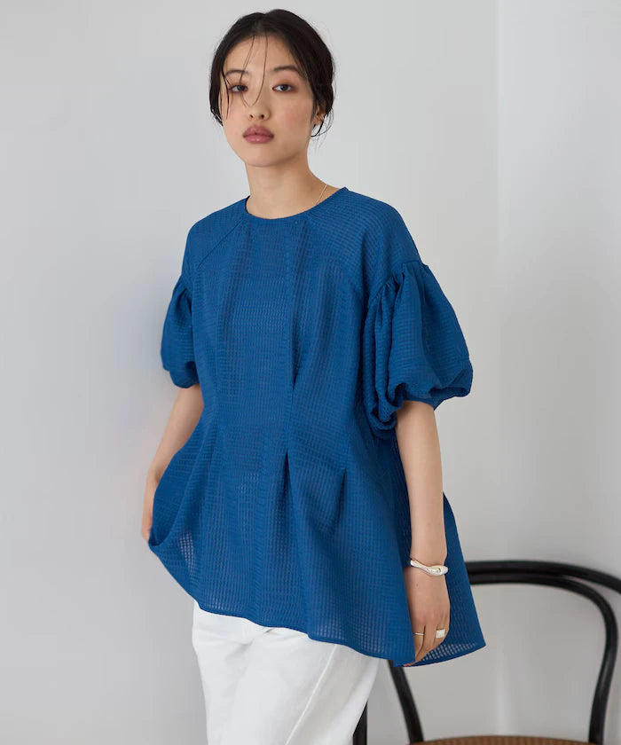 Sheer Check Balloon Sleeve Blouse