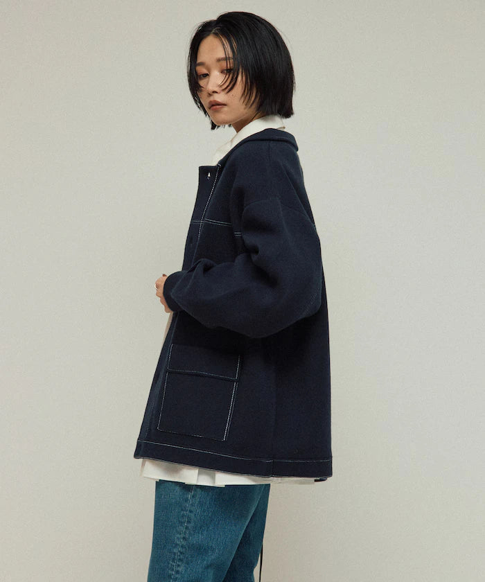 Oversized Wool Blend Knit Coverall / Color Stitch Knit Jacket