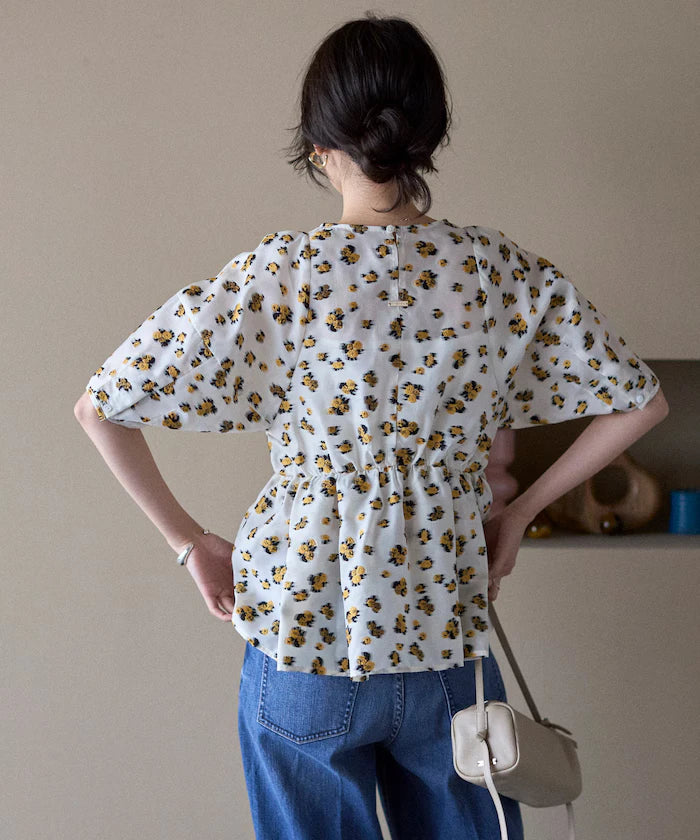 Flower Sheer Jacquard Volume Sleeve Peplum Blouse / 5 Minutes Sleeve
