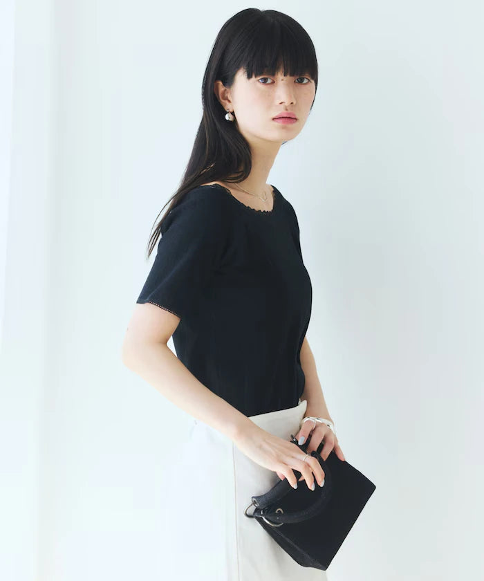 Boat Neck Pullover Knit Lace T-Shirt