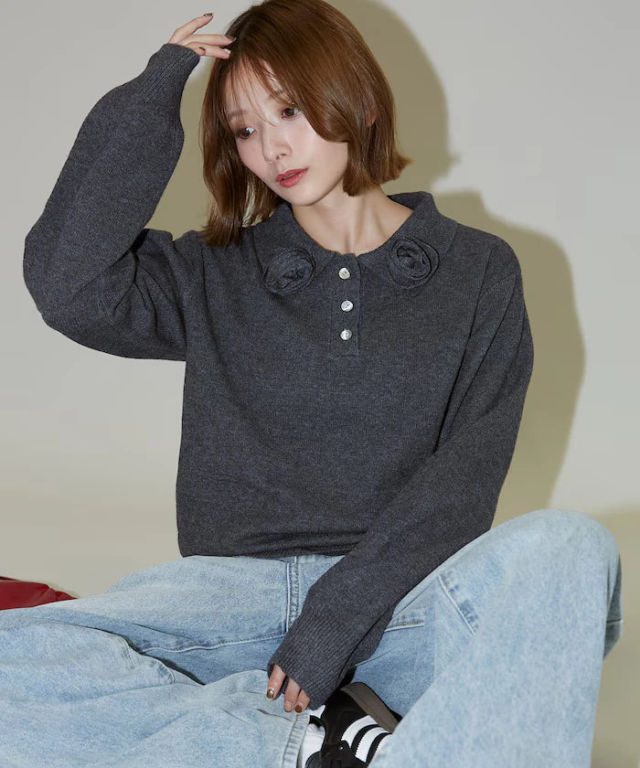 Polo knit pullover with flower motif - limited edition