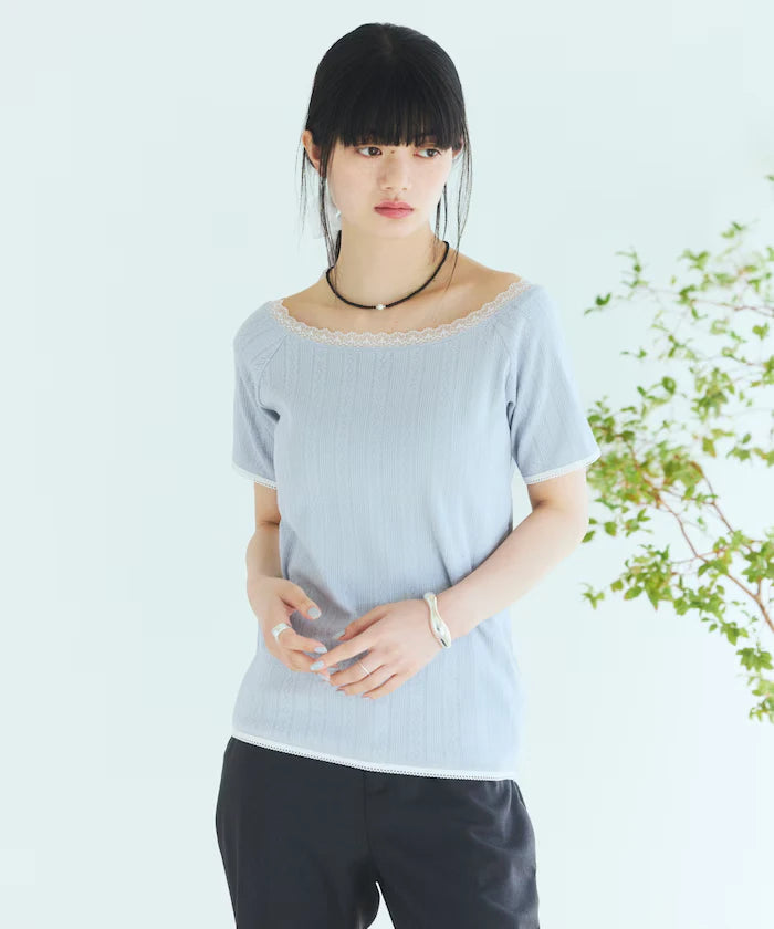 Boat Neck Pullover Knit Lace T-Shirt