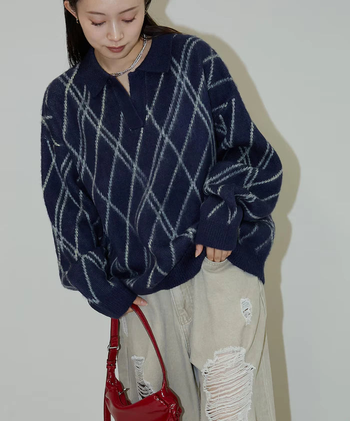 Checked pattern mohair touch skimmer knit limited edition